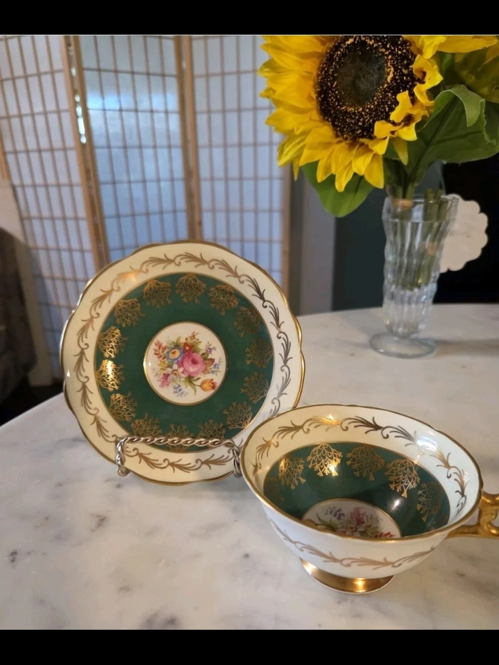 FOLEY Green and Gold Floral Porcelain Teacup and Saucer Set 1940's MINT